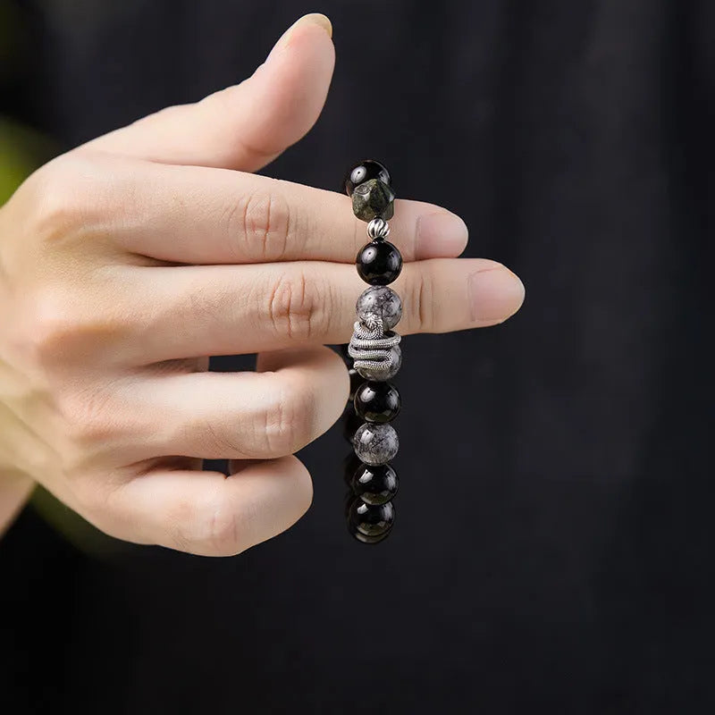 Men's black obsidian snake zodiac bracelet in S925 sterling silver with retro styling and 10mm width