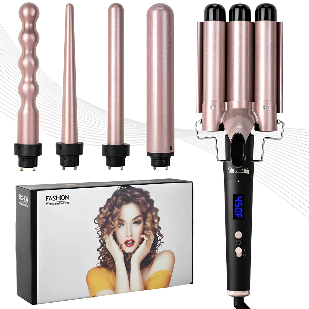 Rose gold five-in-one tube replacement hair curler with LCD display and multiple international plug compatibility