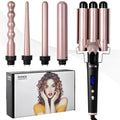 Rose gold five-in-one tube replacement hair curler with LCD display and multiple international plug compatibility
