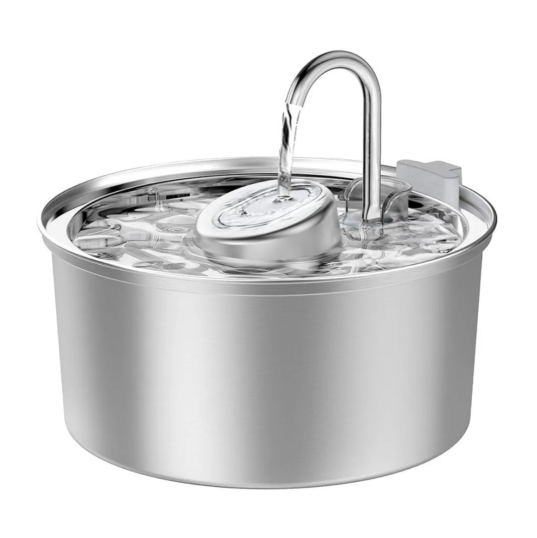 Stainless steel pet water dispenser with round basin and window faucet for dogs and cats.