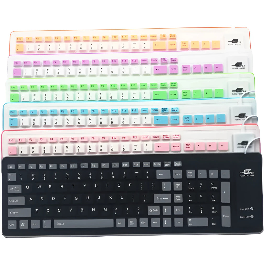 Folding waterproof silicone keyboard USB in six colours black blue green orange pink purple