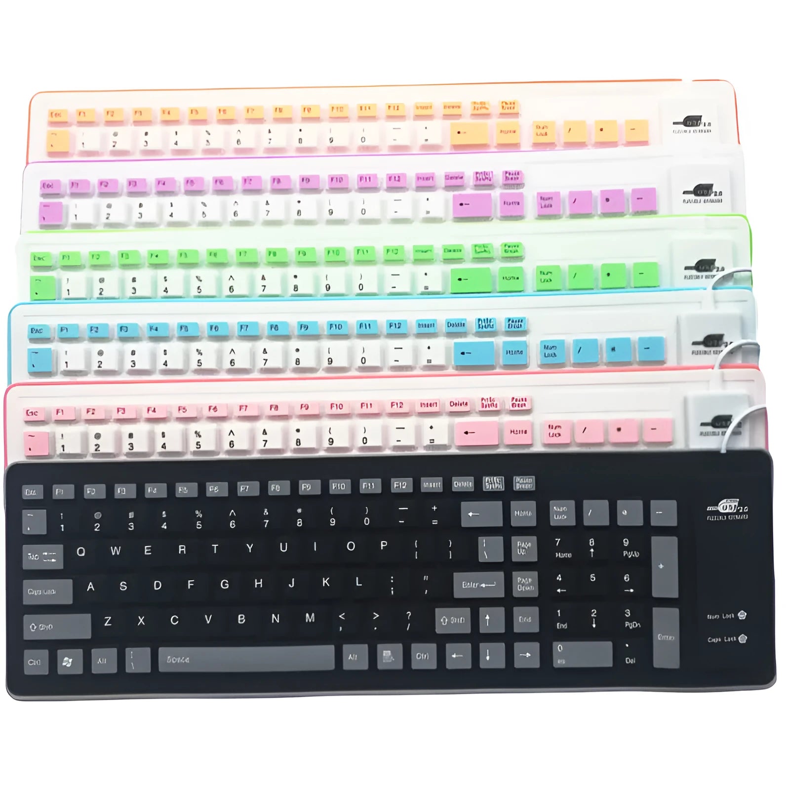 Folding waterproof silicone keyboard USB in six colours black blue green orange pink purple