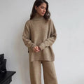 Women’s side-slit sweater suit set in dark grey with trousers and acrylic fabric