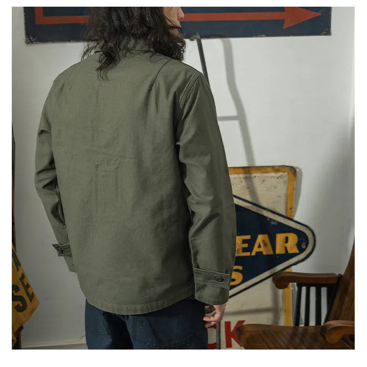 Men's olive green cotton satin slim fit work shirt with cardigan style front