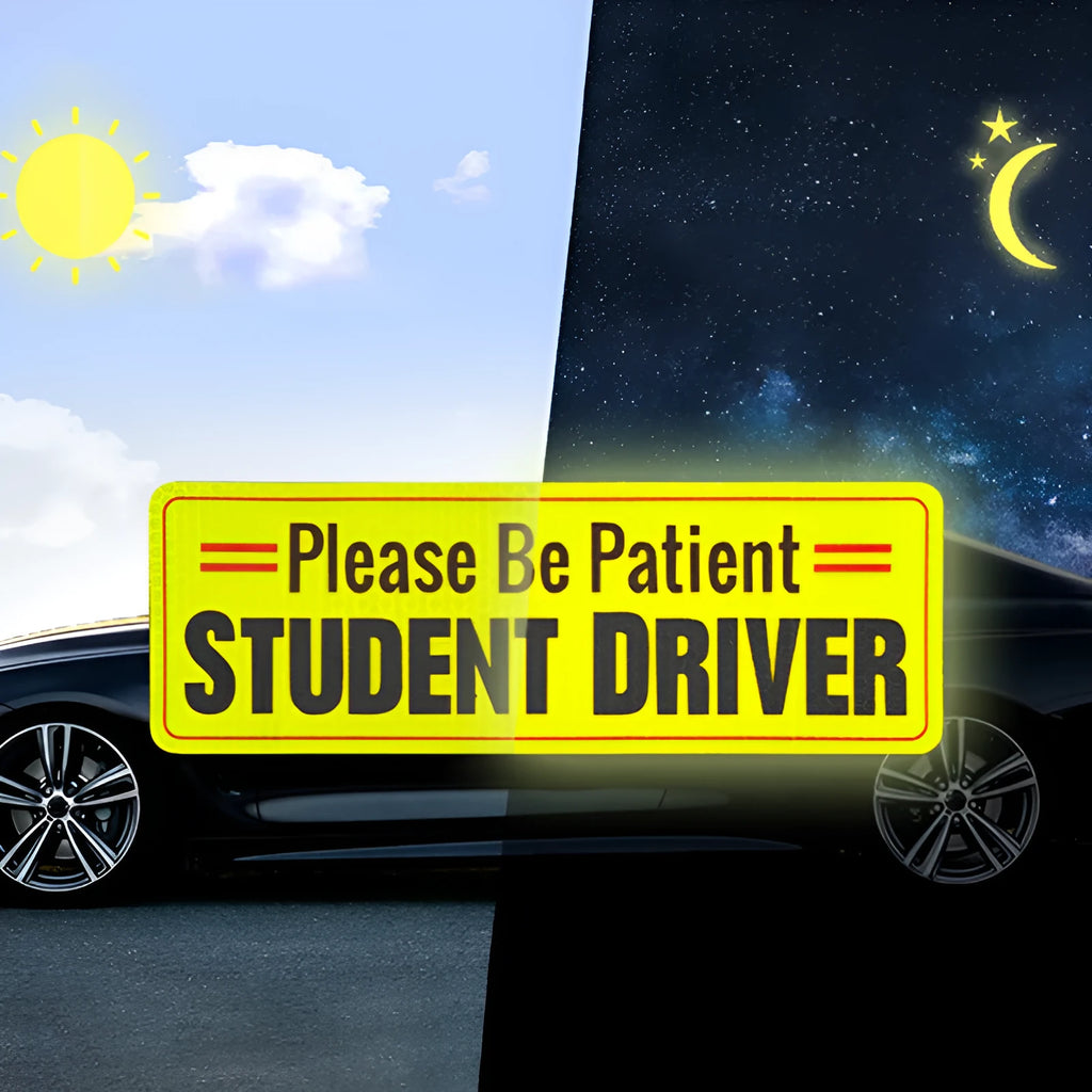 Reflective acrylic car warning bumper sticker for novice drivers measuring 22.5 by 8.5 cm on a car rear bumper.