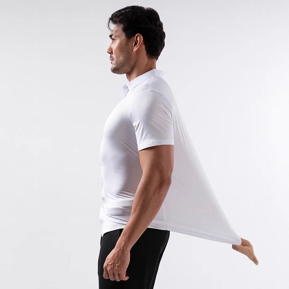 Men's short sleeve elastic shirt in cardigan style, non-ironing fabric, multiple colour options on hanger.