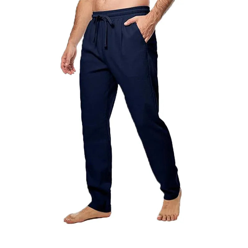 Men's cotton and linen trousers in loose straight-leg cut with drawstring waist, shown in five colours and sizes M to 5XL