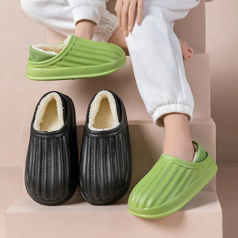 Thickened couple slippers in grey, EVA sole, non-slip, round toe, plush lined winter home shoes
