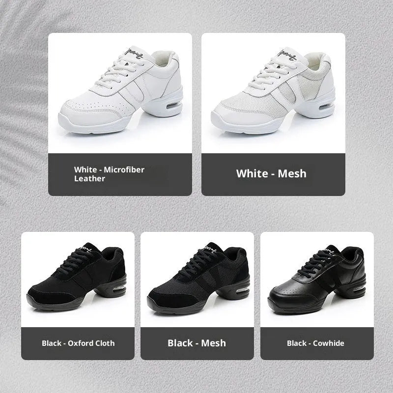 Modern women white dancing shoes with breathable mesh upper and polyurethane sole