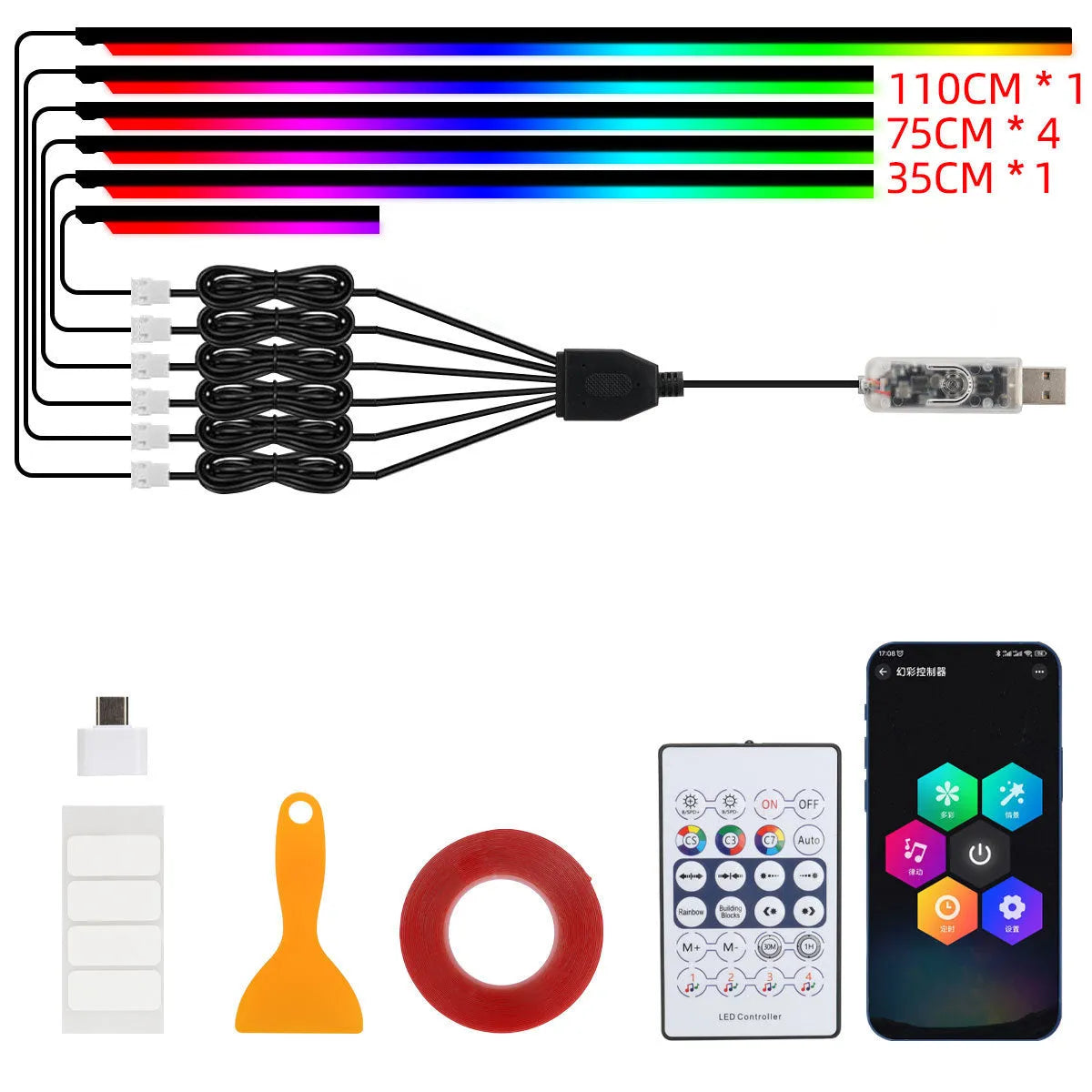 Car interior ambient light kit with USB 5V connection, app and remote control, and 110cm strip