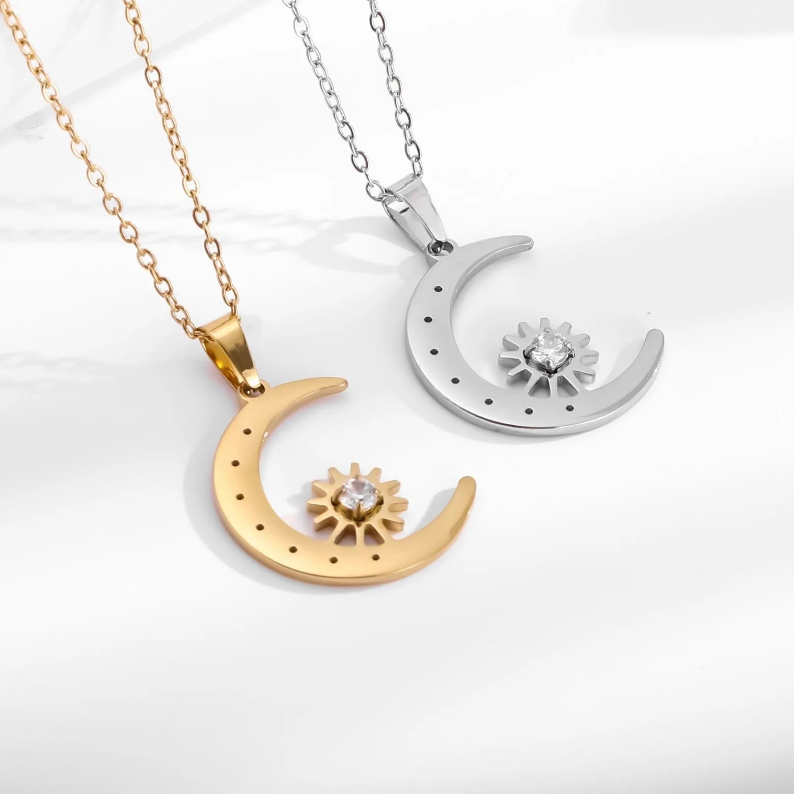 Titanium steel star moon pendant necklace for women, electroplated steel colour, geometric shape on display