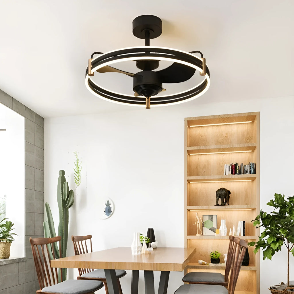 Variable frequency electric fan integrated ceiling light, 60cm diameter, black finish, with ABS blades and acrylic lampshade
