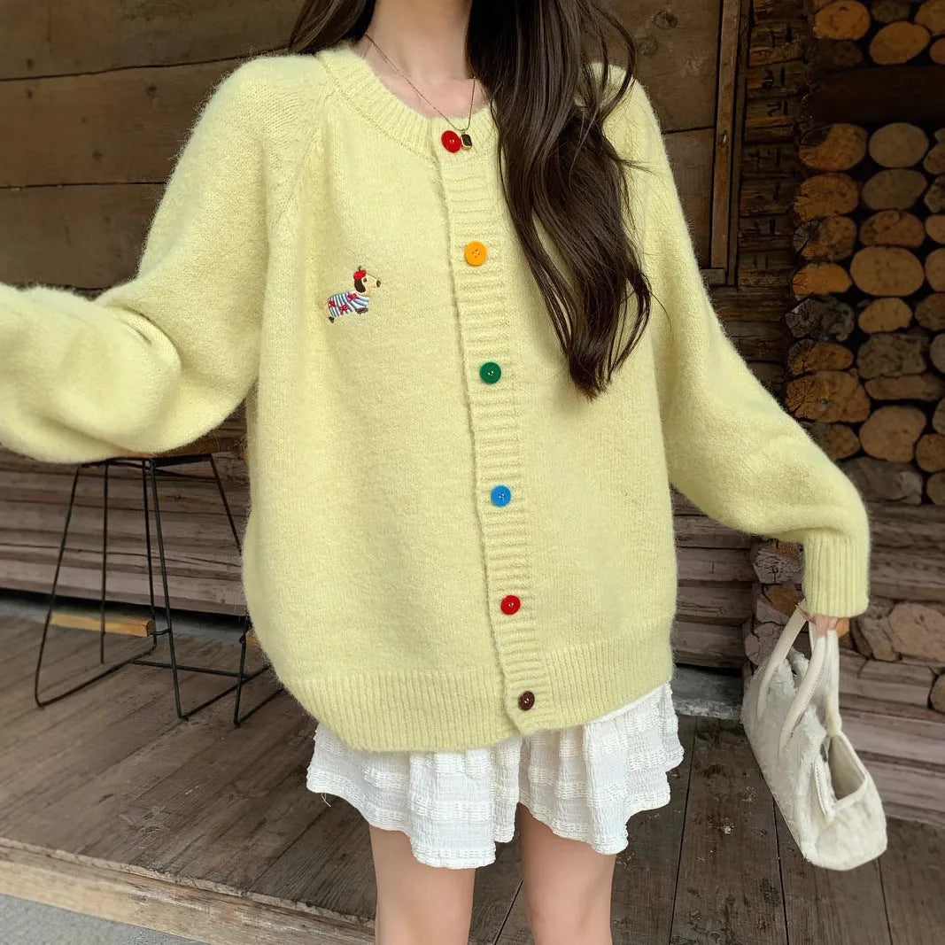 Women's round neck long sleeve cardigan with puppy pattern and buttons, acrylic knit, free size, 50cm length