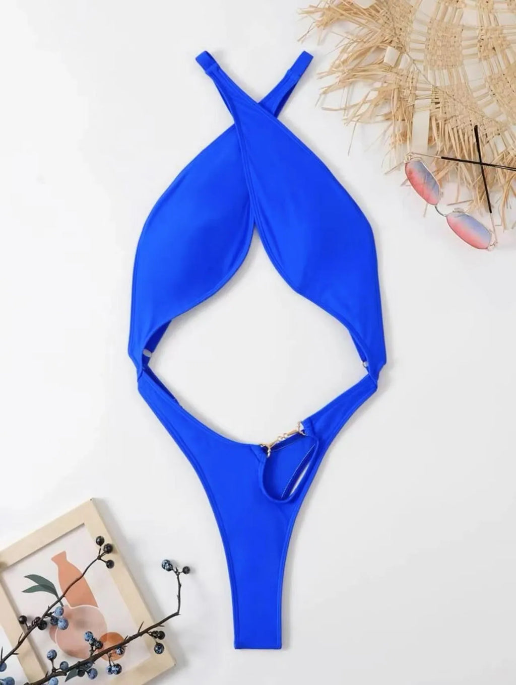 Blue and black solid colour women's one-piece swimsuit bikini on a mannequin