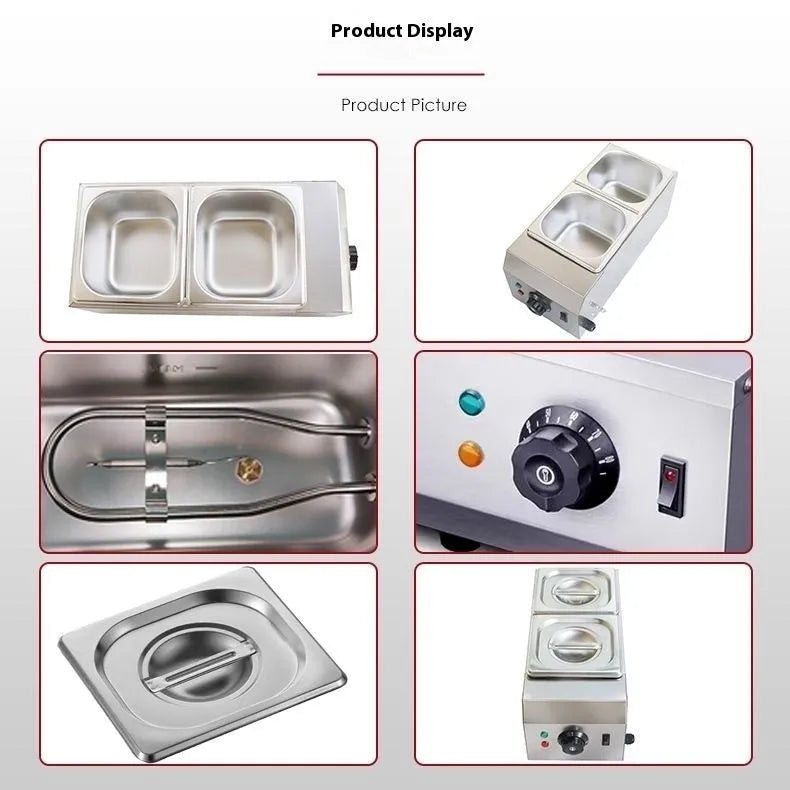 Commercial electric chocolate melting machine with double pot and digital temperature control.