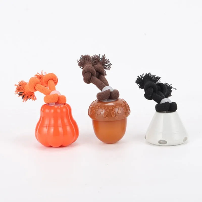 Automatic dog ball toy with sound, TPR plastic and cotton knot, USB powered, in orange, brown, and white