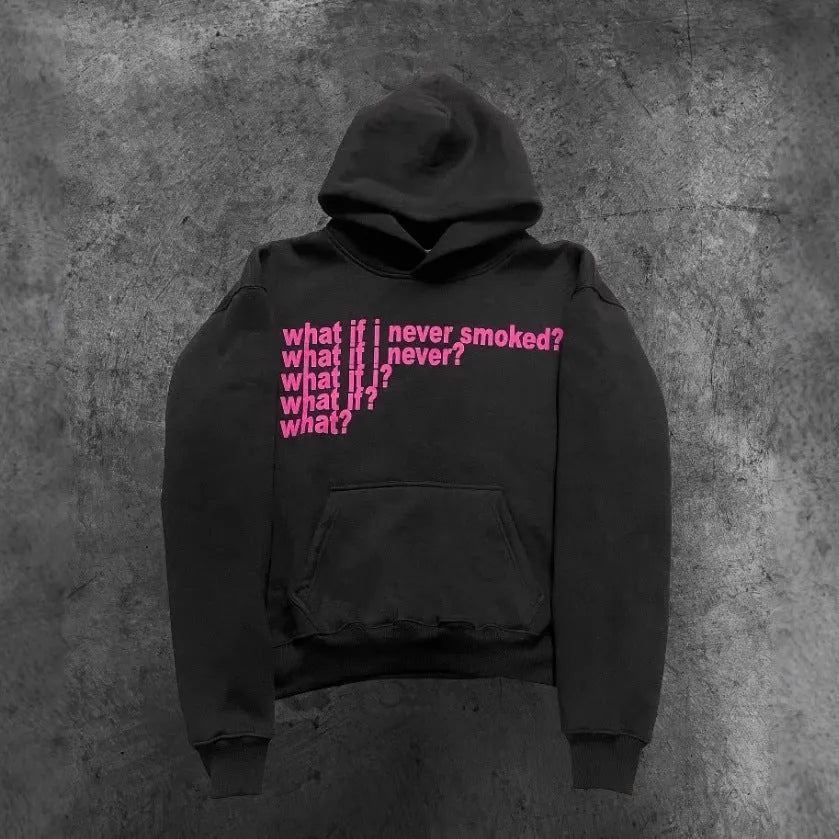 Black heavyweight hooded sweater with letter print and figures pattern design, regular sleeves, pullover style