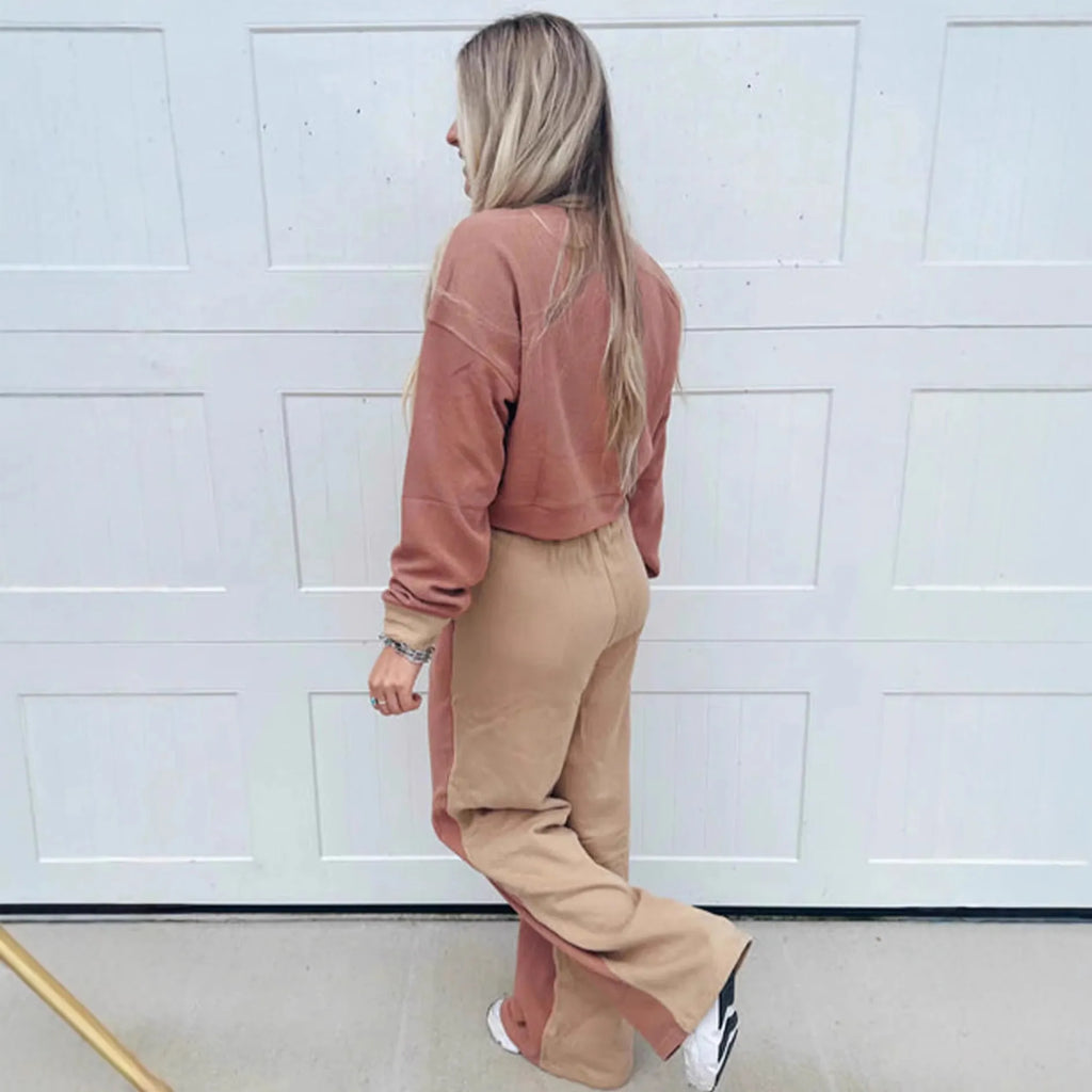 Women's camel cotton matching sports suit with top and trousers