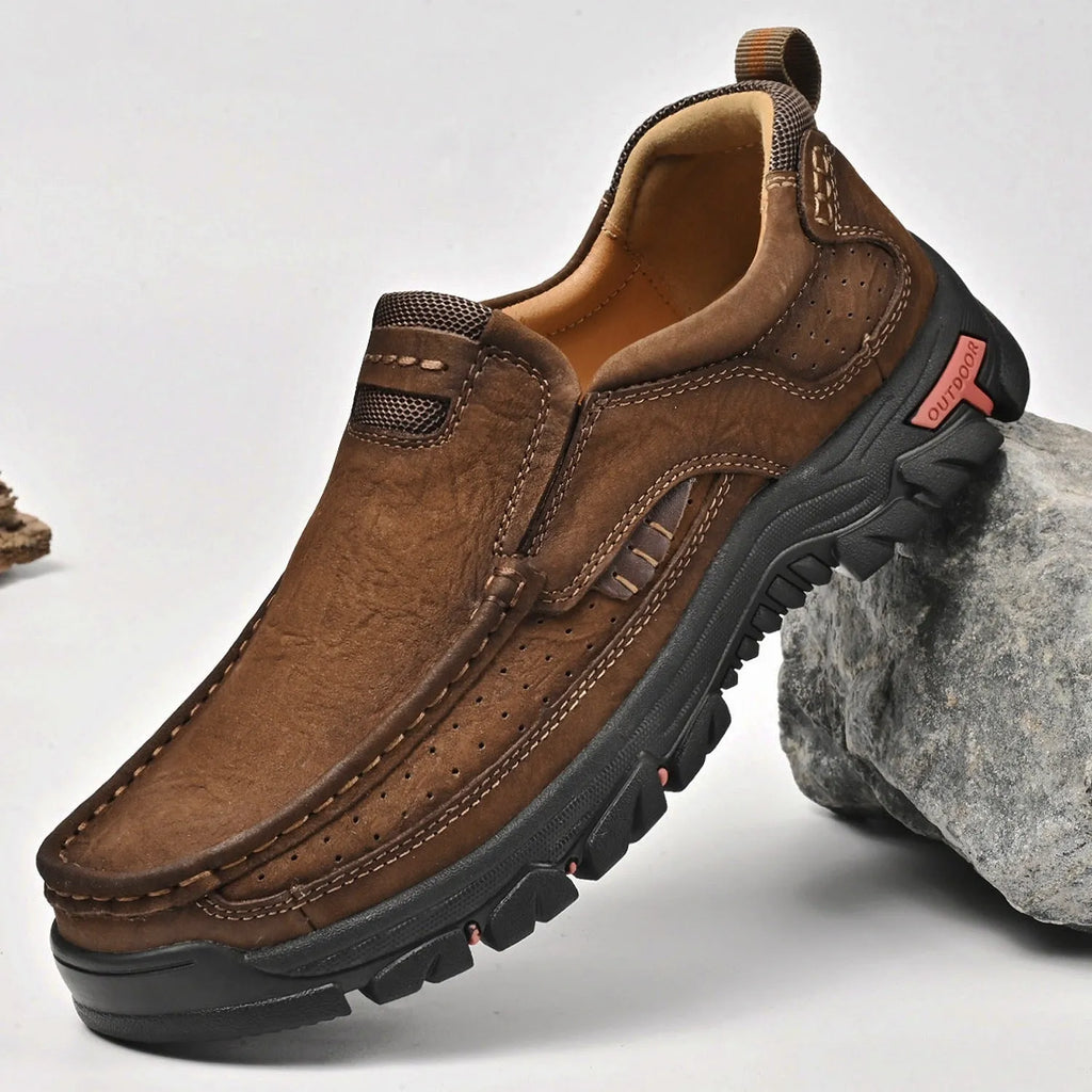 Men's leather large size casual shoes in brown, low top, flat heel, rubber sole, sizes 38-50