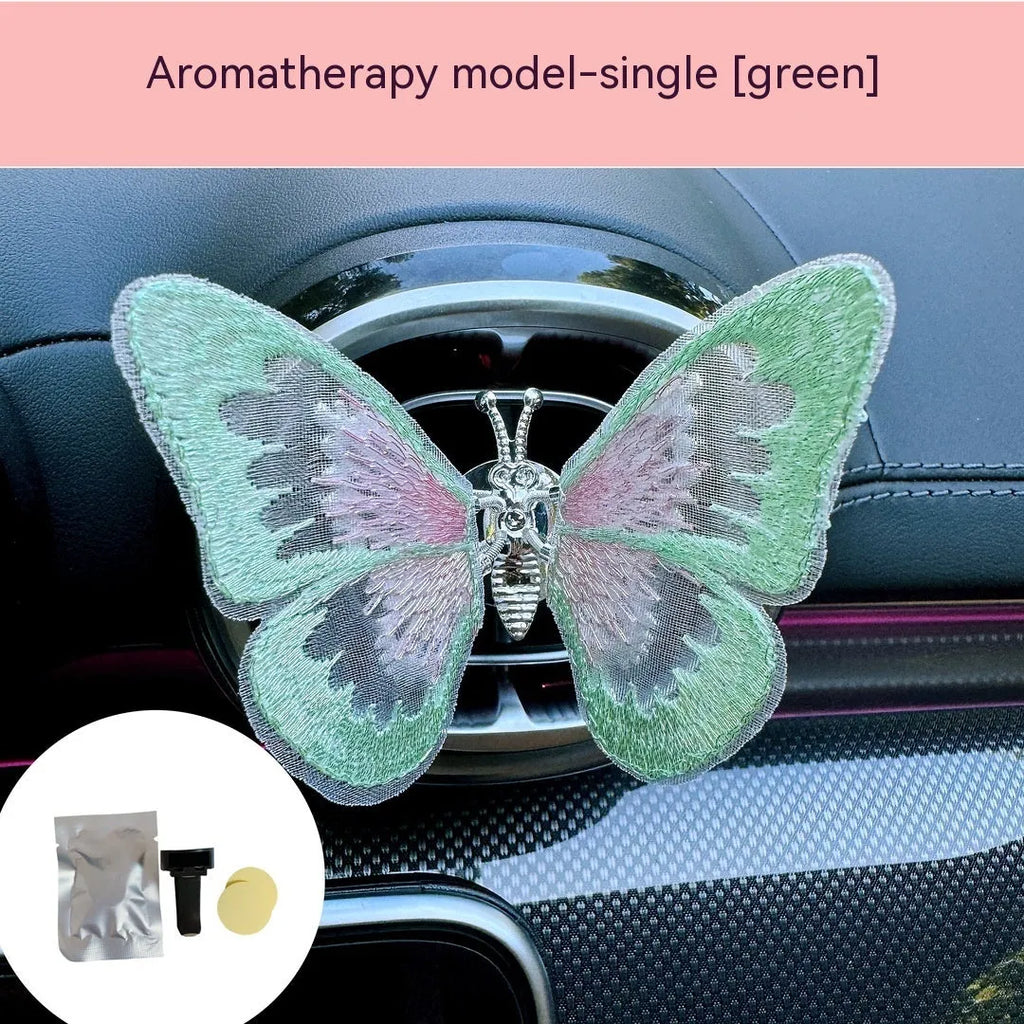 Moving embroidery butterfly fabric car centre console air vent decoration in multiple colour options