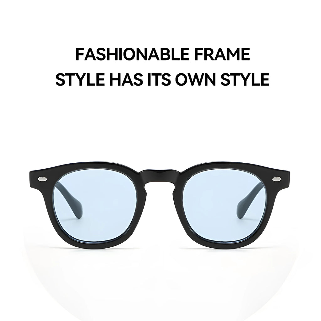 Round rim retro sunglasses with plastic frame and tinted UV400 lens, shown in bright black colour.