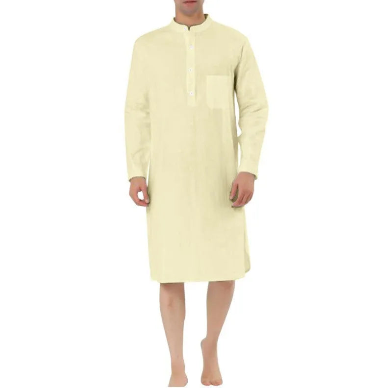 Men's cotton shirt-style robe with pockets shown in various colours including light blue and dark grey