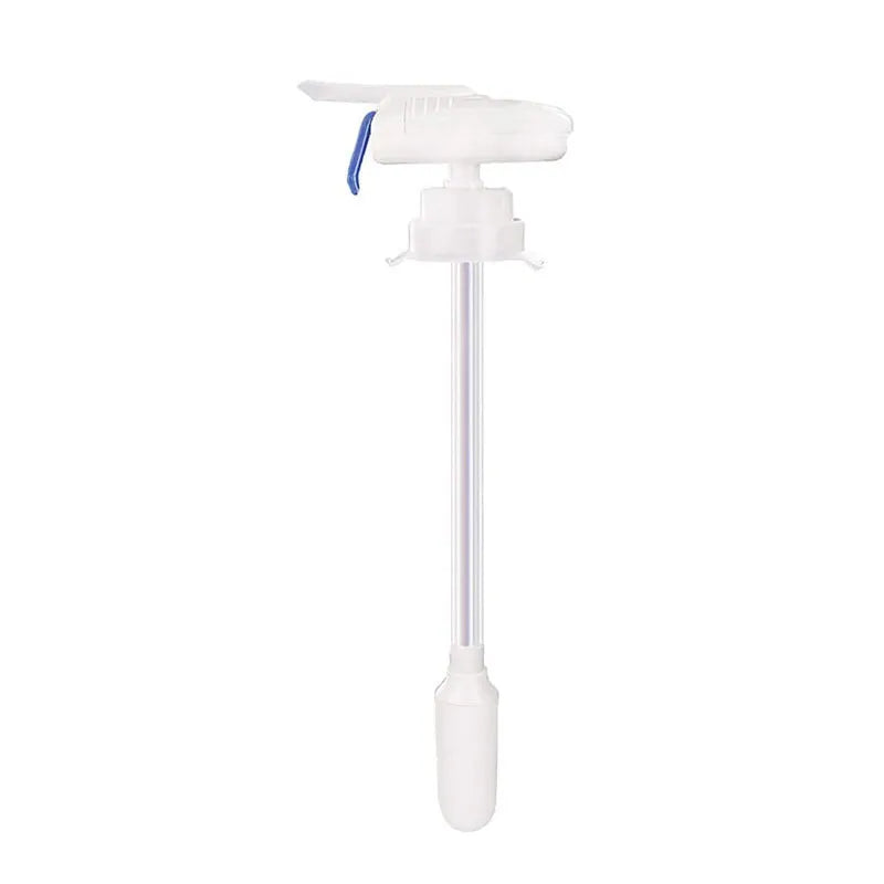 Electric beverage pump with blue press handle and a long white straw next to its colour box packaging.
