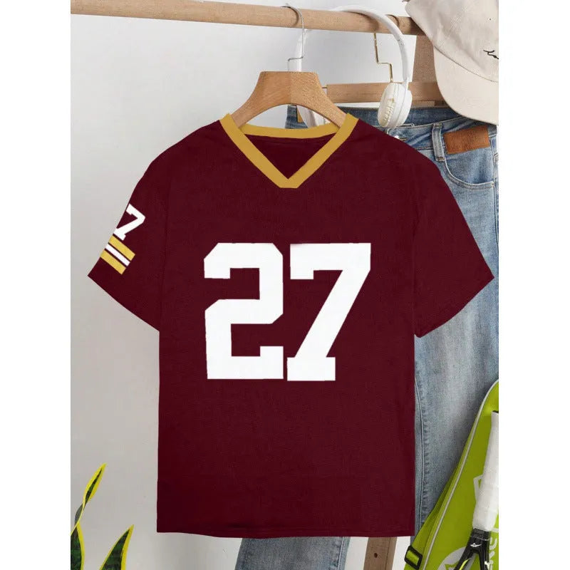 Red cotton t-shirt with digital printing letter design, loose casual style