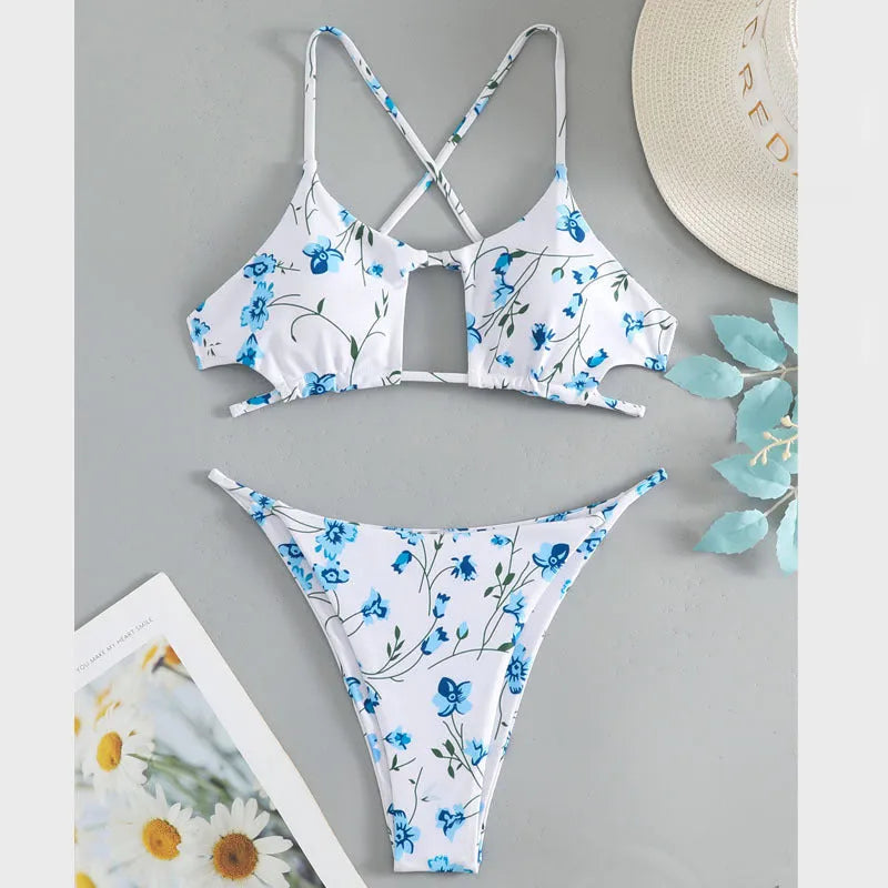 Women's floral swimsuit set with tie-neck triangle top and matching shorts