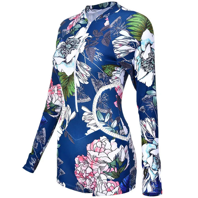 Yellow flower printed one-piece diving swimsuit with long sleeves and boxer legs