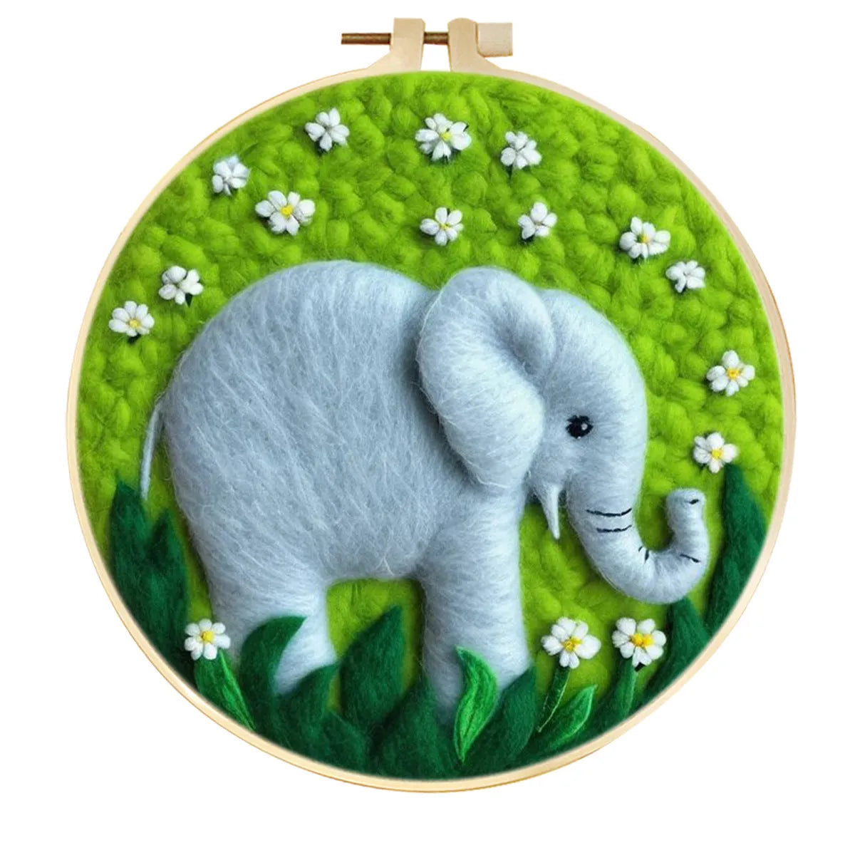 Round linen embroidery frame with wool felt floral decoration kit for three-dimensional wall art