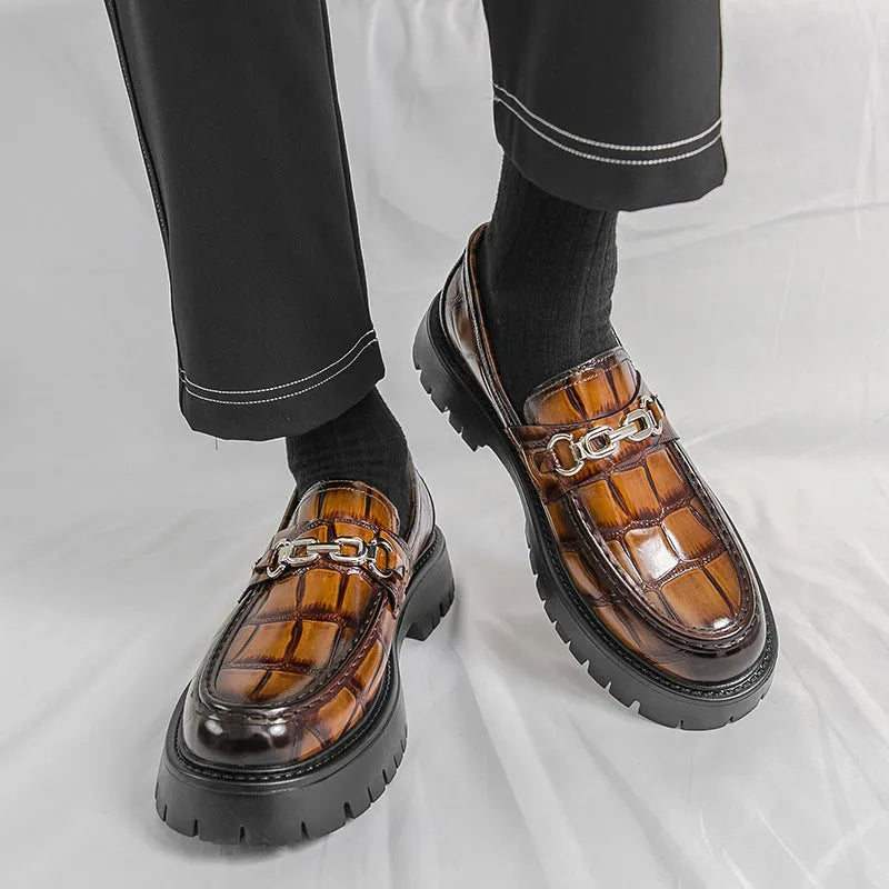 Men's crocodile pattern leather platform loafers in black, brown and yellow colours with flat heel