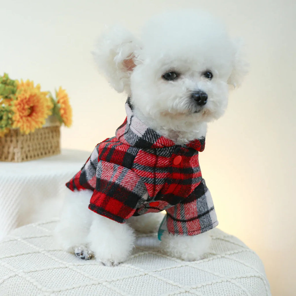 Red plaid polyester dog trench coat with measured sizing for autumn and winter warmth