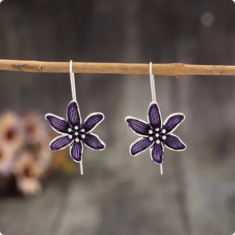 Purple flower-shaped alloy earrings with electroplated finish and retro design for women