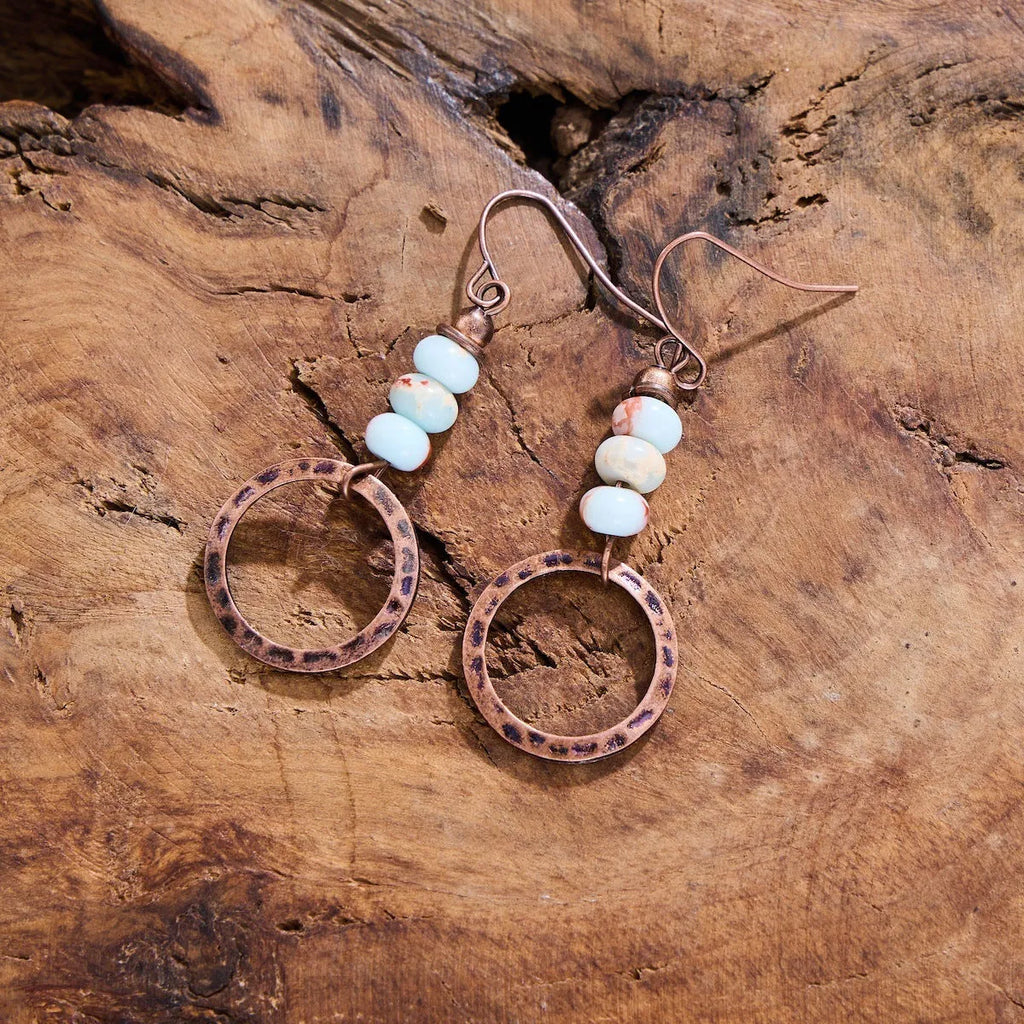 Women's hammered turquoise beaded pendant earrings in creative retro style with zinc alloy construction