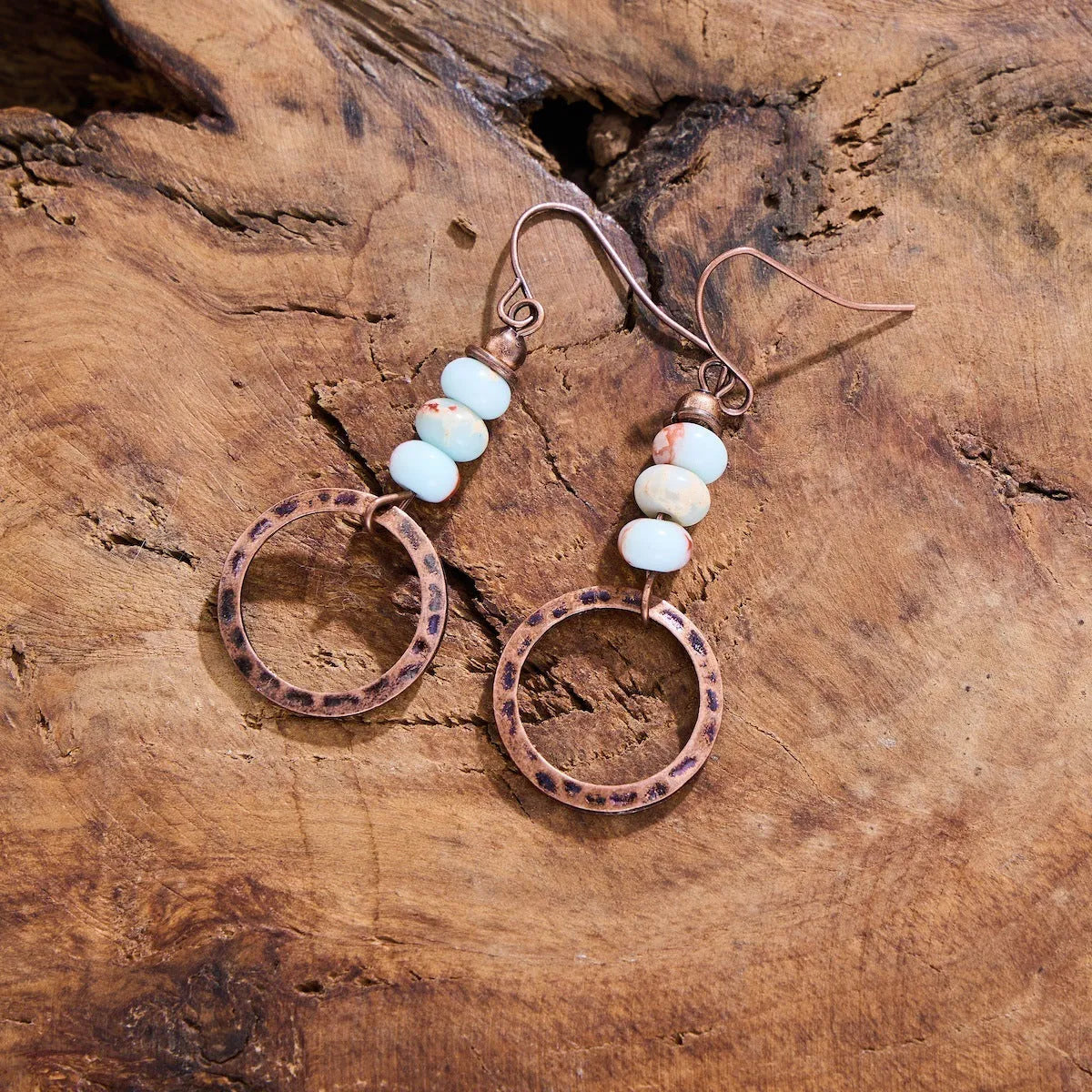 Women's hammered turquoise beaded pendant earrings in creative retro style with zinc alloy construction