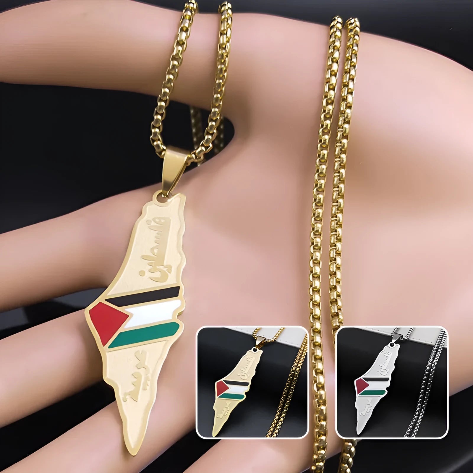 Gold stainless steel Palestine Israel map pendant necklace with 60cm box chain on white background