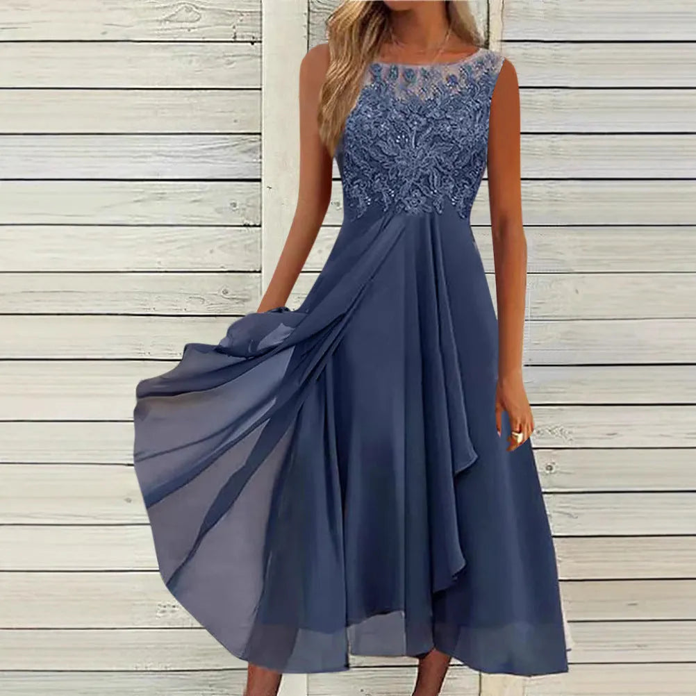 Women's sleeveless lace and chiffon dress in a princess style, shown in green colour.
