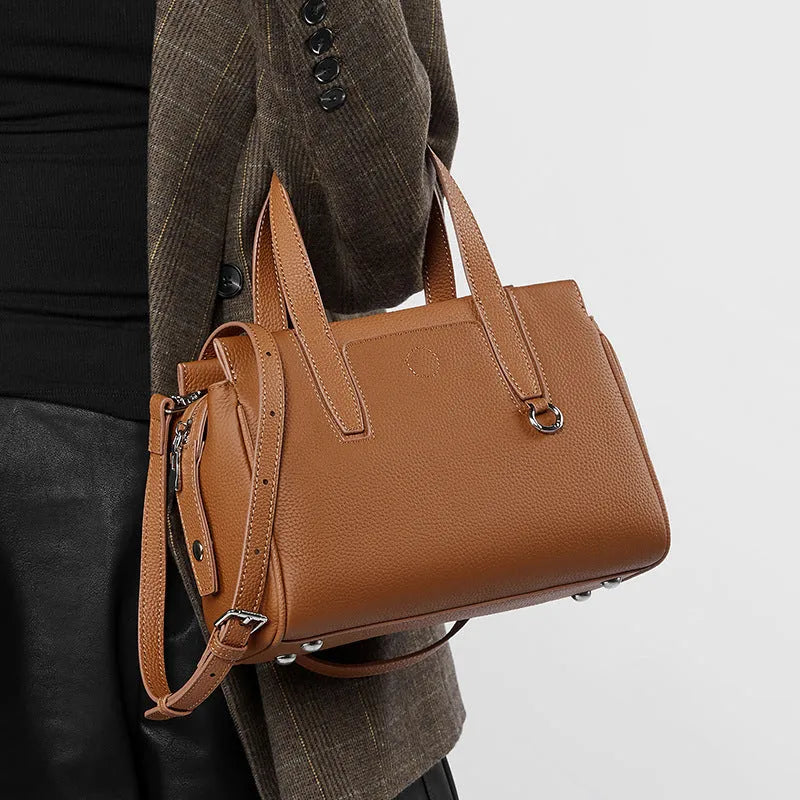 Genuine leather crossbody bag in horizontal square design with adjustable strap