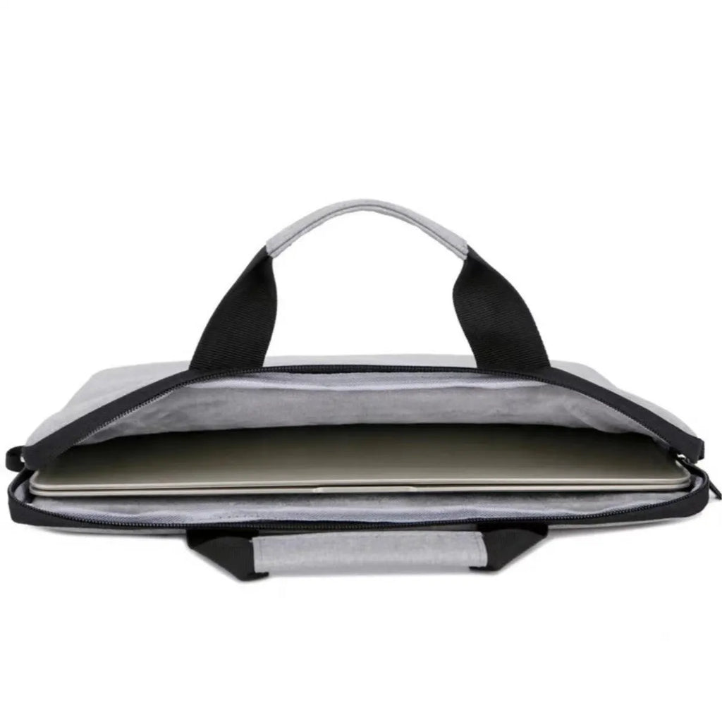 Grey Oxford cloth laptop bag with visible sewing thread detailing and expandable compartment