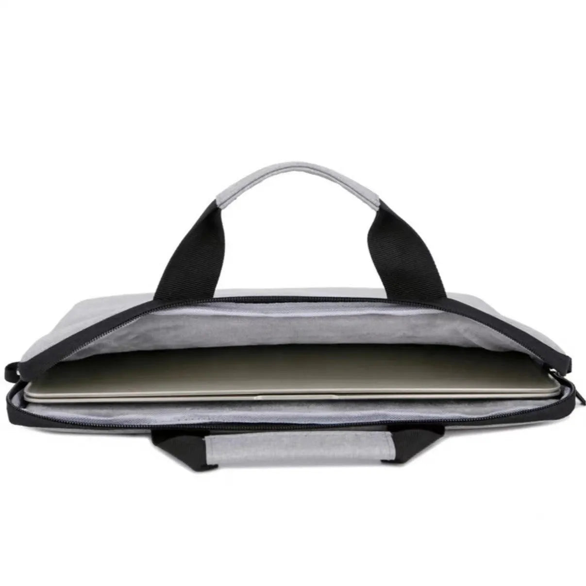 Grey Oxford cloth laptop bag with visible sewing thread detailing and expandable compartment
