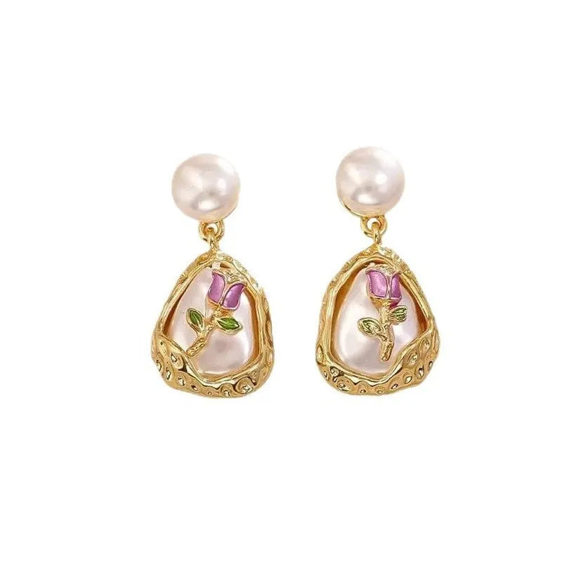 Rose baroque pearl stud earrings copper base pearl inlay geometry shape
