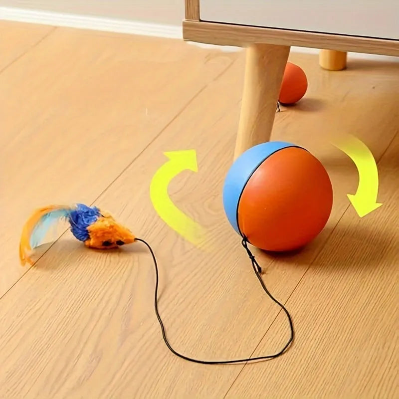 Interactive cat toy ball with plush mouse attachment showing blue and orange colours