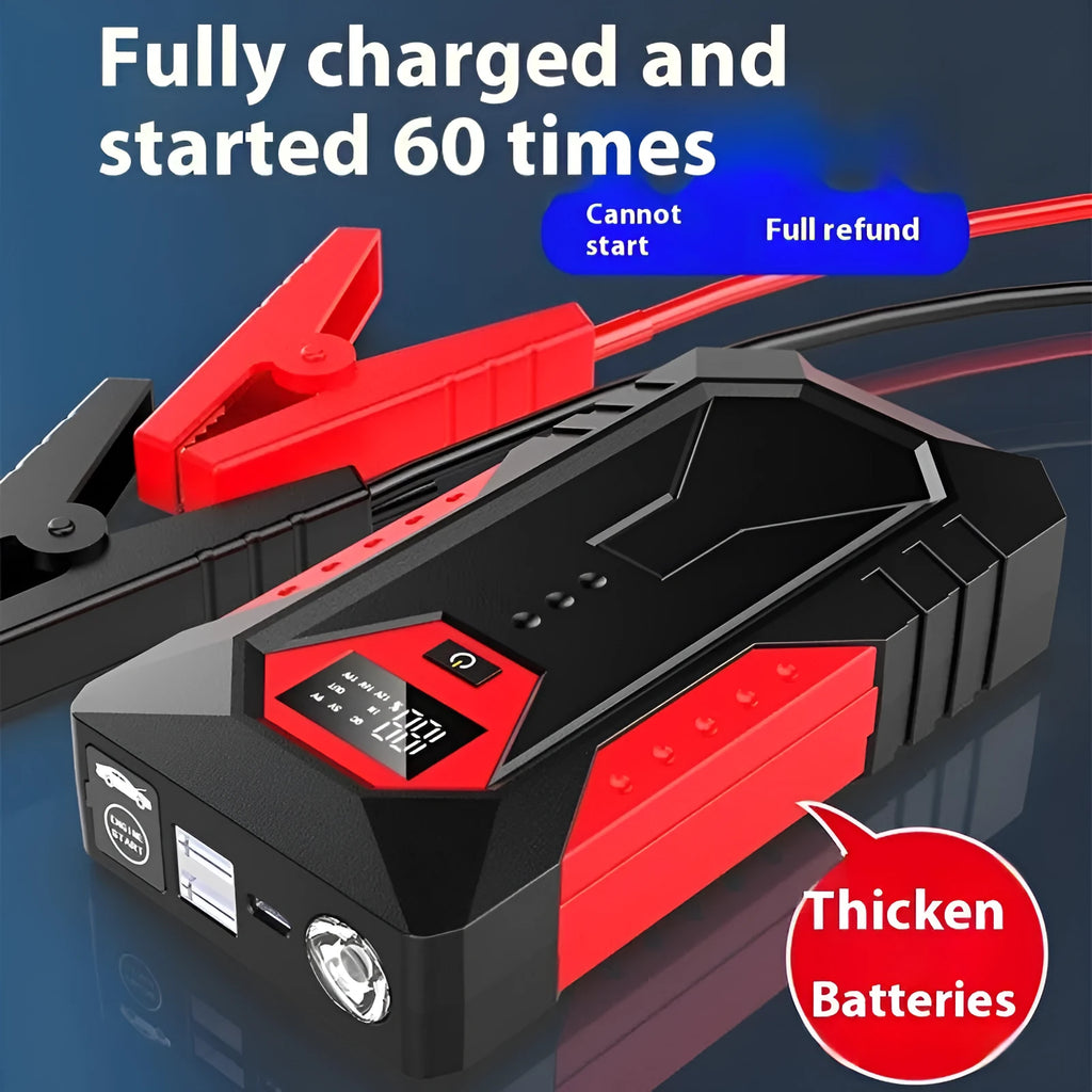 Red 12V car emergency jump starter power bank with battery clamps and charging cable
