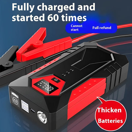 Red 12V car emergency jump starter power bank with battery clamps and charging cable