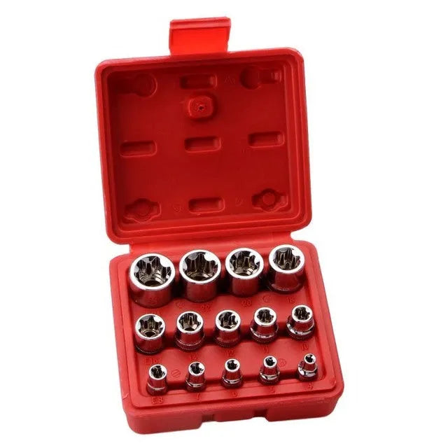 14-piece E-type socket auto repair tool set in red storage box with chrome vanadium steel construction