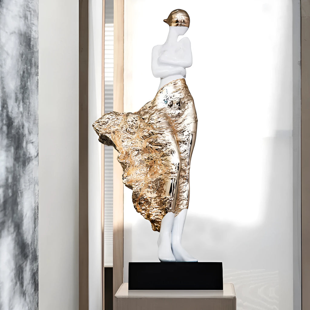 Modern sculptured beauty character ornament in metallic finish standing 48cm tall