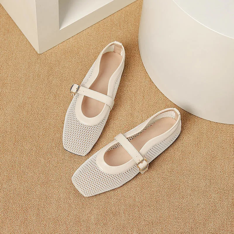Women's beige mesh flat-heel pump with a square toe and buckle fastening.