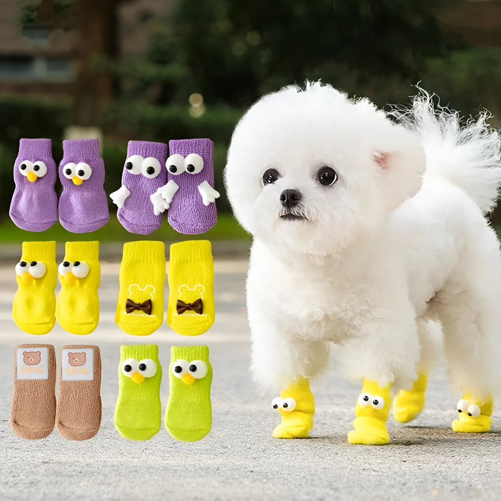Cartoon big-eyes dog socks with anti-slip particles, cotton blend, green grey purple yellow, sizes S M L