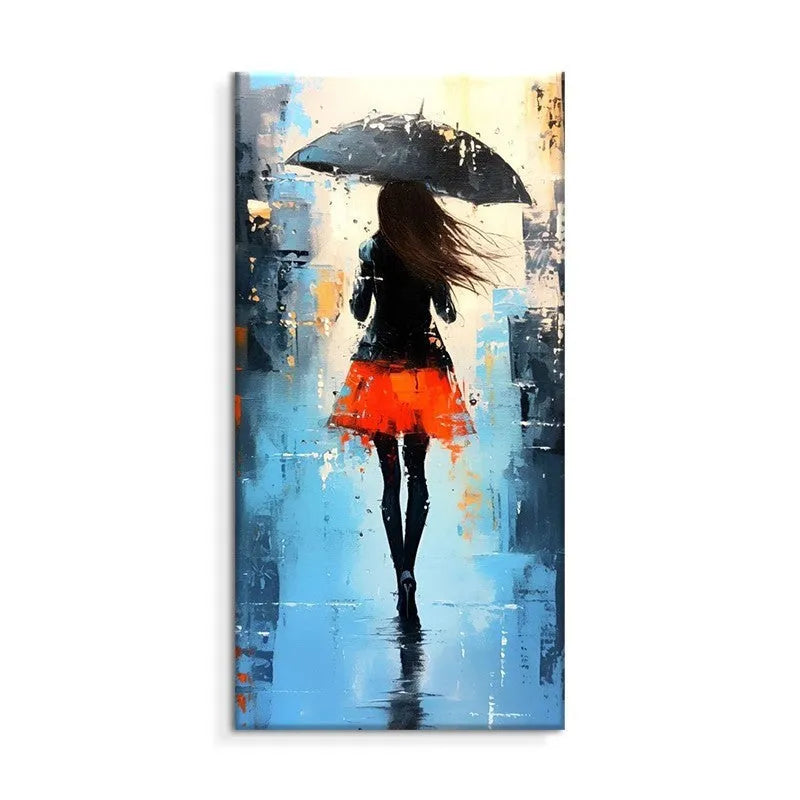 Hand painted modern abstract oil painting of people walking in rain on canvas for living room decoration